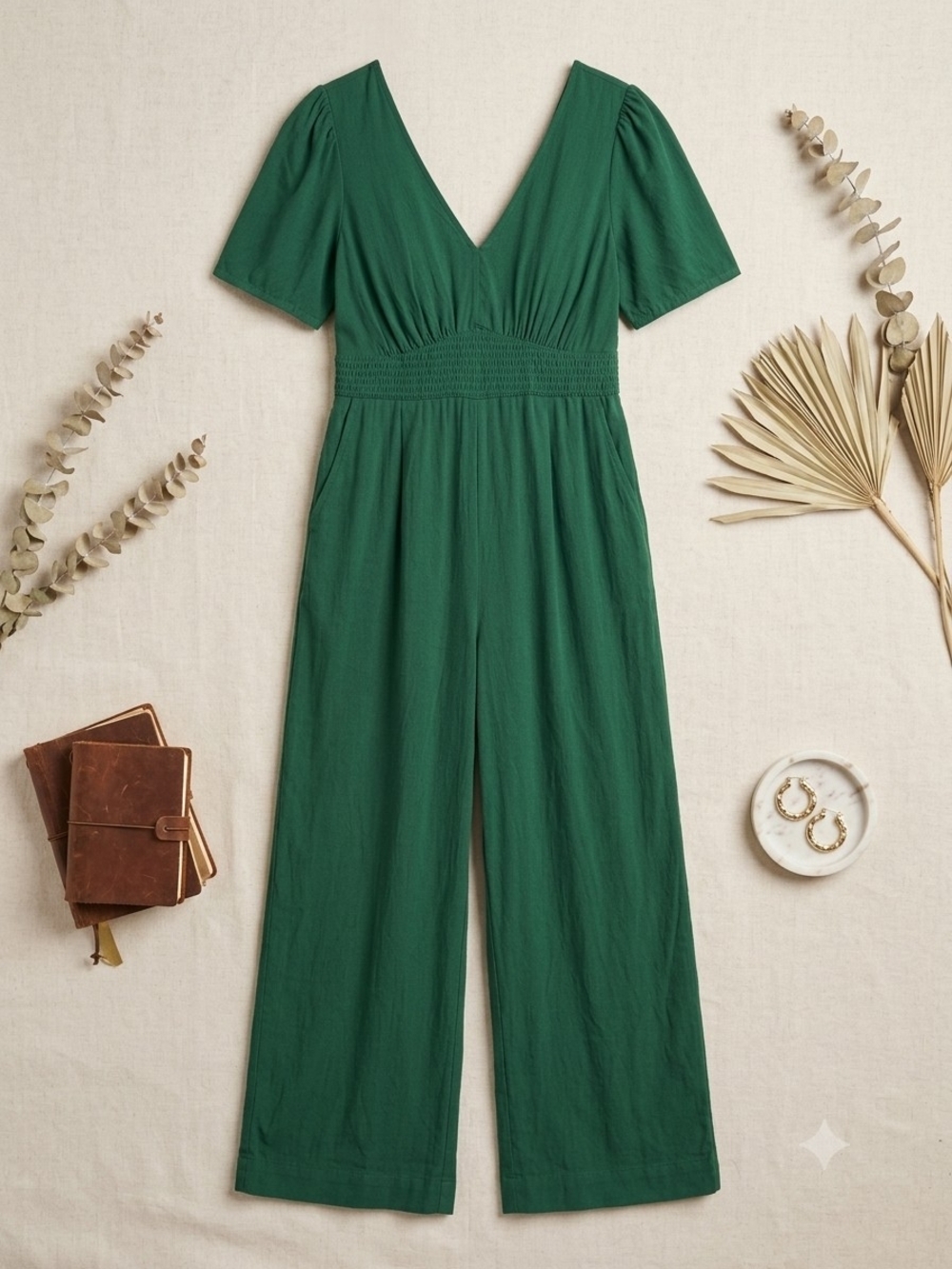 Old Navy Puff Sleeve V-Neck Jumpsuit Cottagecore Boho Wide Leg - Picture 3 of 14